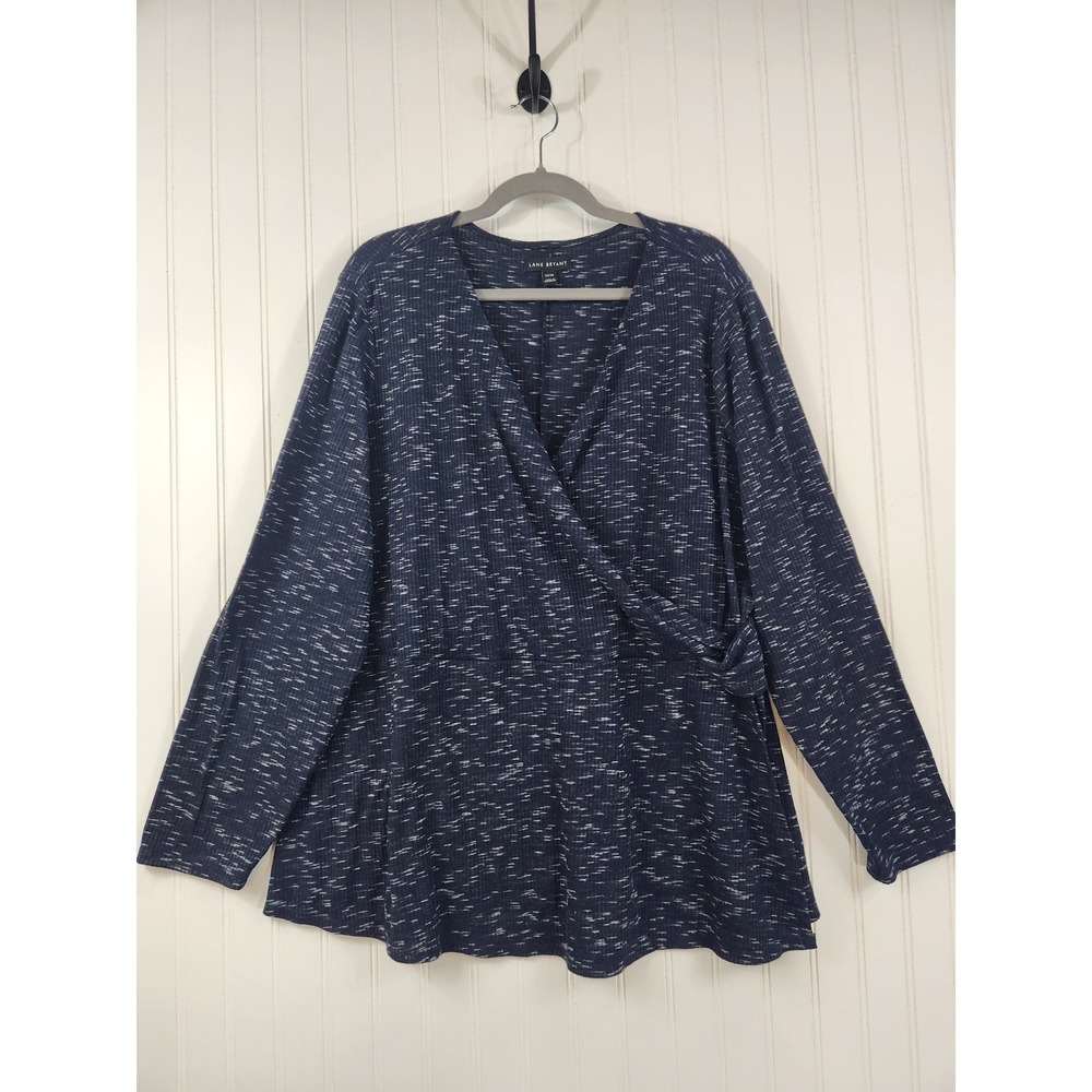 Lane‎ Bryant Women's Black Space Dye Faux Wrap Ribbed Knit Top Plus Size 22/24